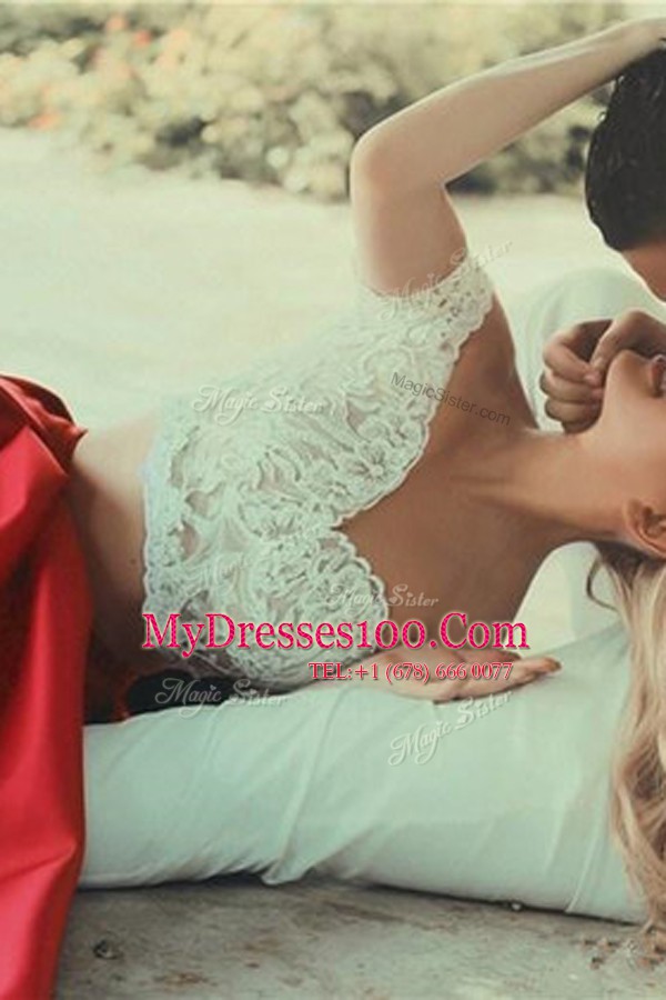 Off The Shoulder Short Sleeves Evening Dress Tea Length Lace Red Satin