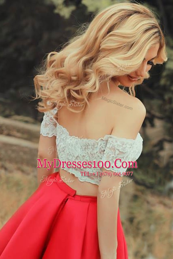 Off The Shoulder Short Sleeves Evening Dress Tea Length Lace Red Satin