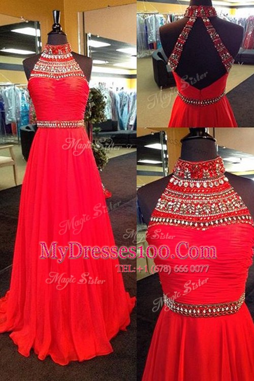Glittering Halter Top Beading Dress for Prom Red Backless Sleeveless Floor Length