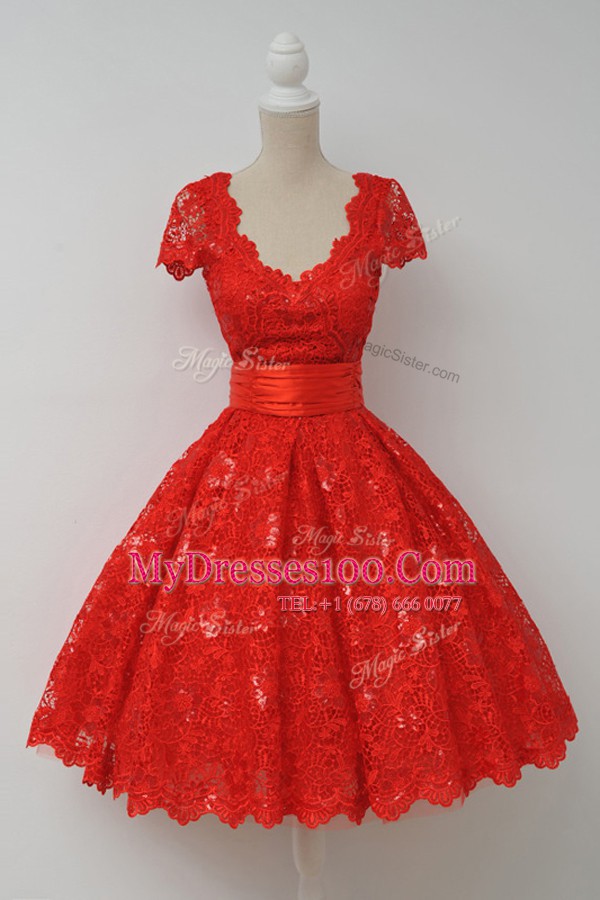 Lace Scalloped Cap Sleeves Sashes ribbons Zipper Junior Homecoming Dress