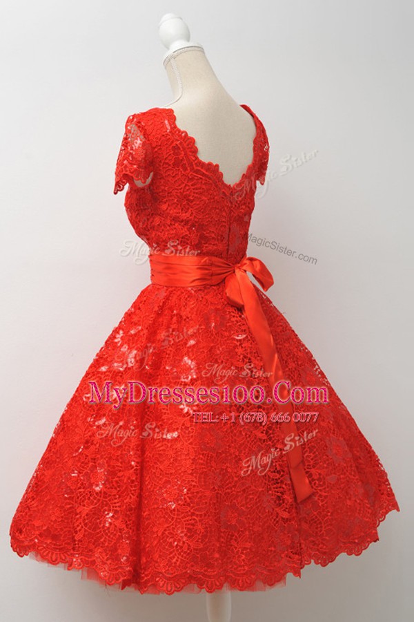 Lace Scalloped Cap Sleeves Sashes ribbons Zipper Junior Homecoming Dress