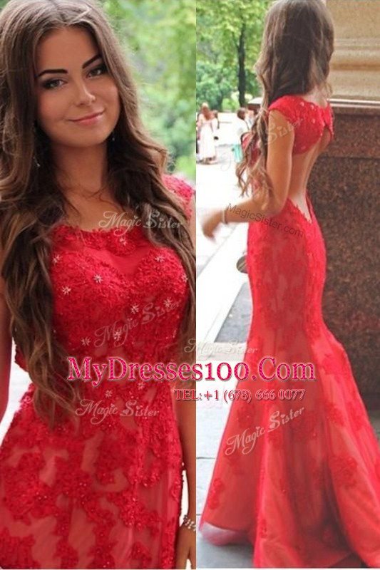 Mermaid Scoop Red Cap Sleeves Lace Sweep Train Backless Homecoming Dress for Prom