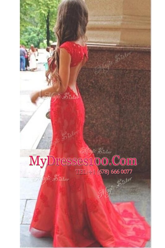 Mermaid Scoop Red Cap Sleeves Lace Sweep Train Backless Homecoming Dress for Prom