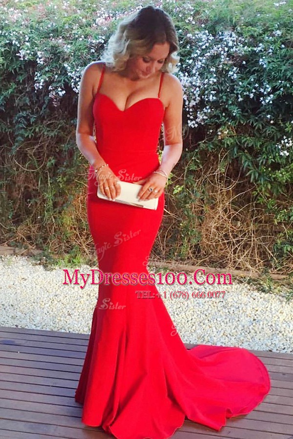 On Sale Mermaid Red Zipper Evening Dress Ruching Sleeveless With Train Sweep Train