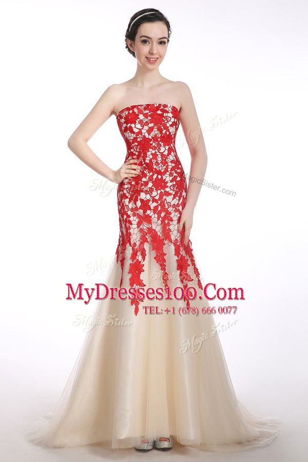 Delicate Mermaid Appliques Dress for Prom Red and Champagne Lace Up Sleeveless Brush Train
