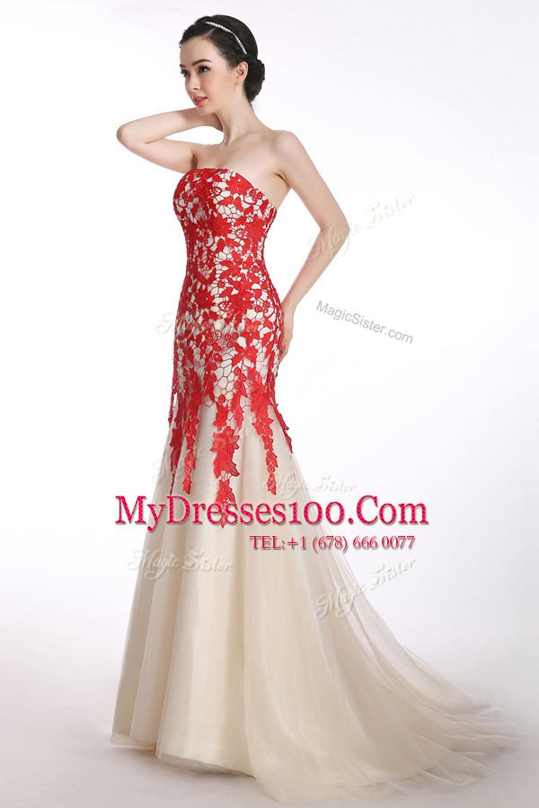 Delicate Mermaid Appliques Dress for Prom Red and Champagne Lace Up Sleeveless Brush Train