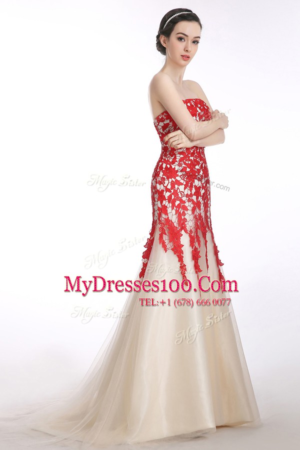 Delicate Mermaid Appliques Dress for Prom Red and Champagne Lace Up Sleeveless Brush Train