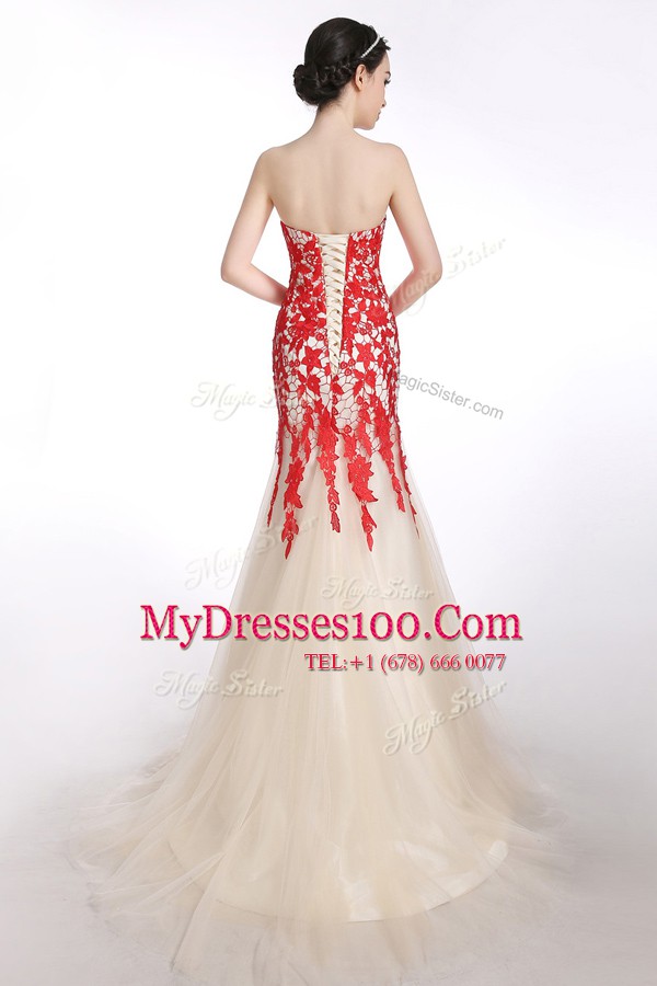 Delicate Mermaid Appliques Dress for Prom Red and Champagne Lace Up Sleeveless Brush Train