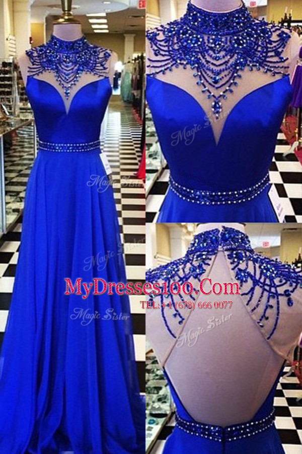 Dazzling Royal Blue Prom Gown Prom and For with Beading High-neck Sleeveless Sweep Train Backless