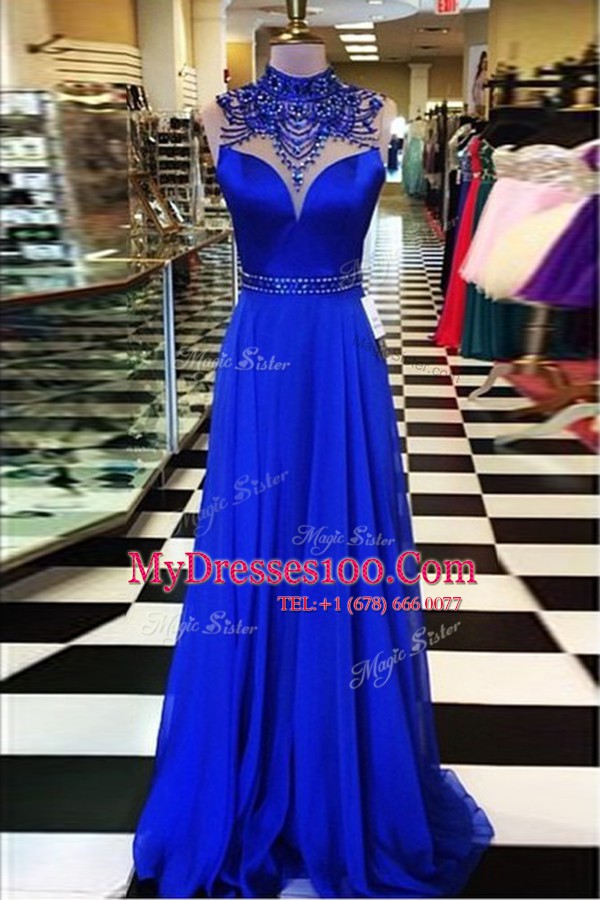 Dazzling Royal Blue Prom Gown Prom and For with Beading High-neck Sleeveless Sweep Train Backless