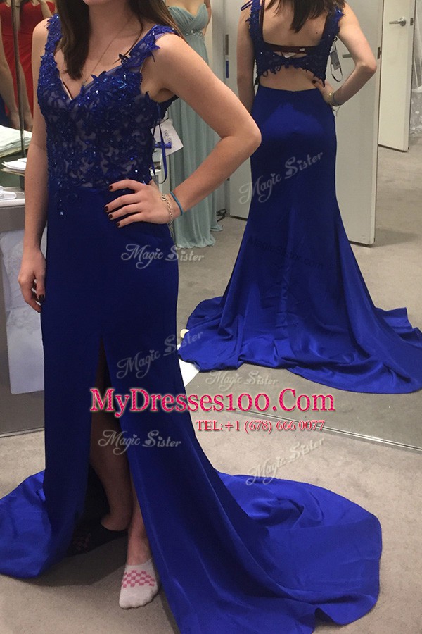 Sleeveless Sweep Train Beading and Appliques Backless Dress for Prom