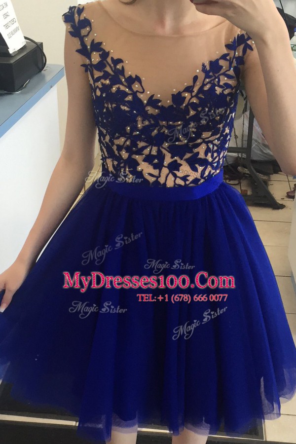 Royal Blue Cap Sleeves Beading Mini Length Evening Party Dresses