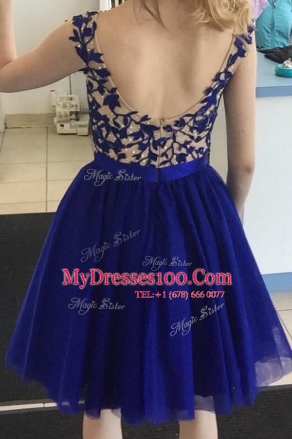 Royal Blue Cap Sleeves Beading Mini Length Evening Party Dresses