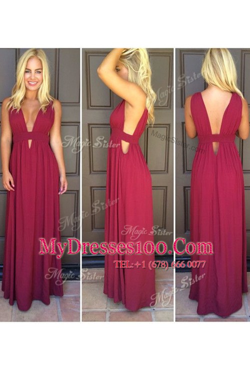 Latest Ruching Prom Gown Burgundy Side Zipper Sleeveless Floor Length