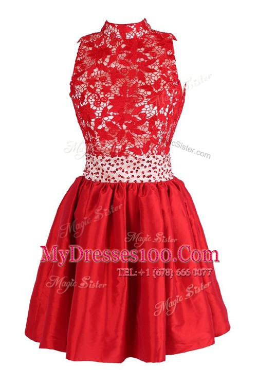 Knee Length Criss Cross Evening Dress Red for Prom with Beading and Lace