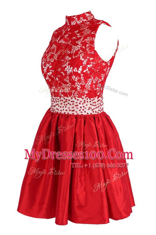 Knee Length Criss Cross Evening Dress Red for Prom with Beading and Lace