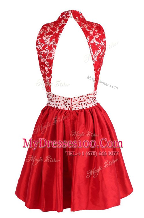 Knee Length Criss Cross Evening Dress Red for Prom with Beading and Lace