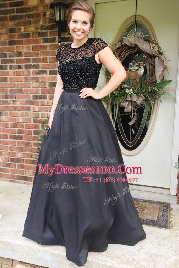Best Scoop Beading Prom Gown Black Backless Cap Sleeves Floor Length