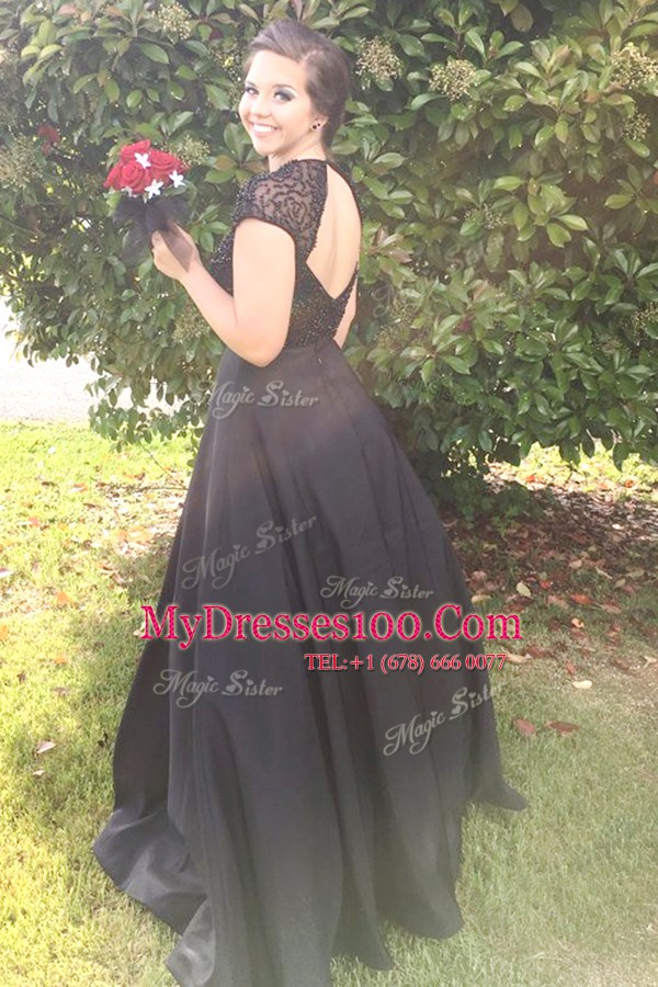 Best Scoop Beading Prom Gown Black Backless Cap Sleeves Floor Length