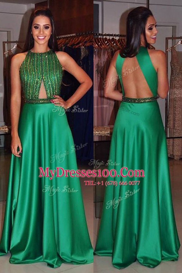 Free and Easy Scoop Green Sleeveless Satin Backless Homecoming Dress for Prom and Party