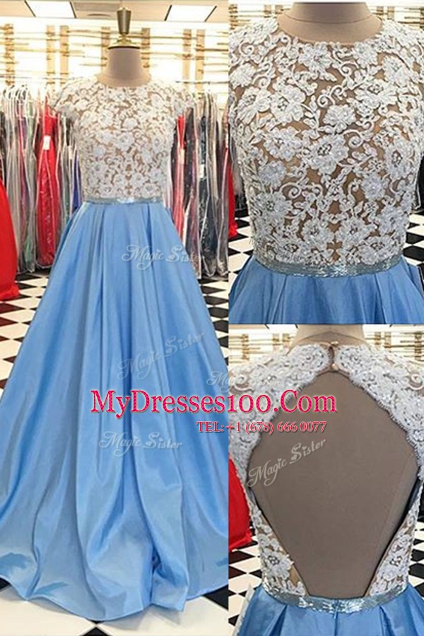 Scoop Blue Backless Dress for Prom Beading and Lace Cap Sleeves Sweep Train