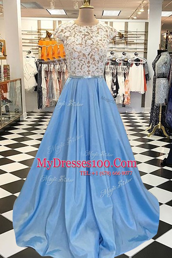 Scoop Blue Backless Dress for Prom Beading and Lace Cap Sleeves Sweep Train