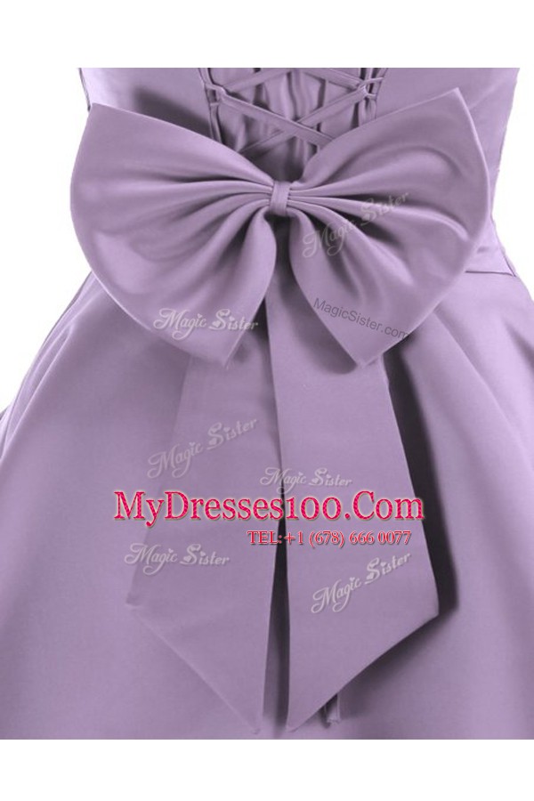 Pleated Lavender Sleeveless Satin Lace Up Evening Dress for Prom and Party