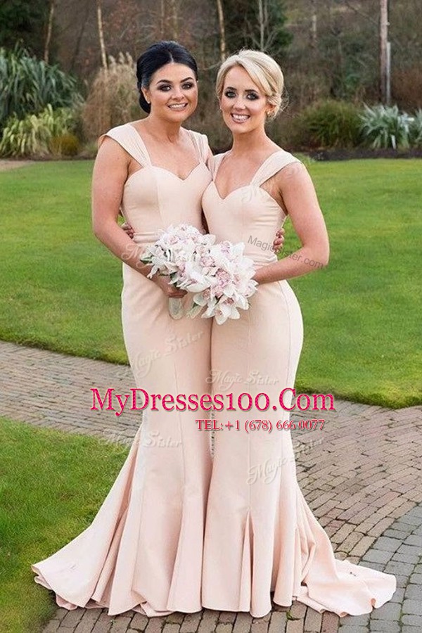 Mermaid With Train Pink Prom Party Dress Satin Sweep Train Sleeveless Ruching