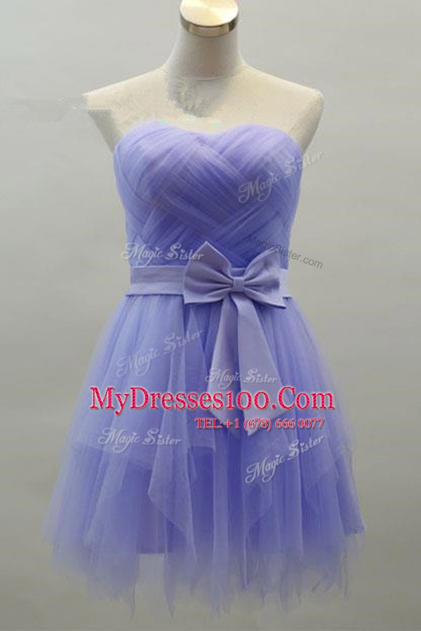 Custom Design Sleeveless Satin Knee Length Zipper Evening Wear in Lavender with Sashes ribbons