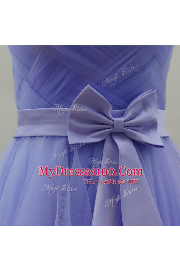 Custom Design Sleeveless Satin Knee Length Zipper Evening Wear in Lavender with Sashes ribbons