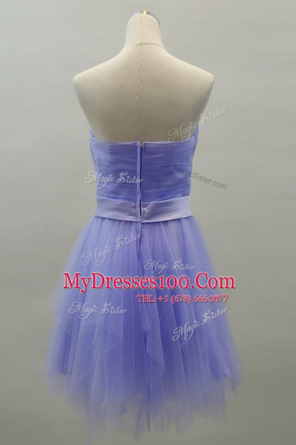 Custom Design Sleeveless Satin Knee Length Zipper Evening Wear in Lavender with Sashes ribbons