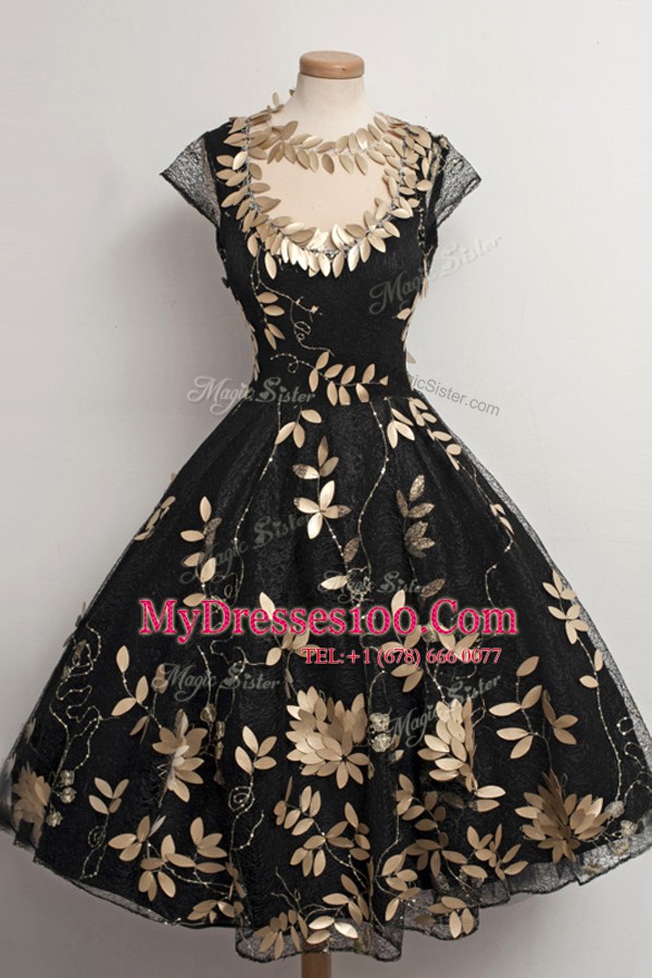 Tea Length Black Womens Evening Dresses Scalloped Cap Sleeves Zipper