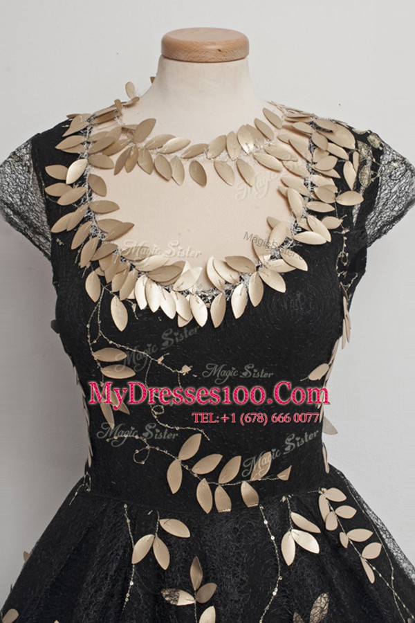 Tea Length Black Womens Evening Dresses Scalloped Cap Sleeves Zipper