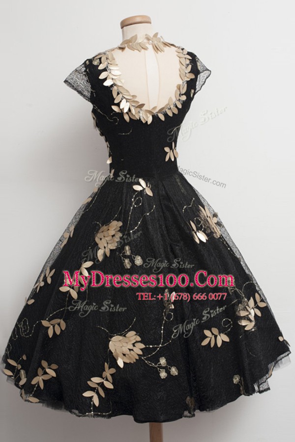 Tea Length Black Womens Evening Dresses Scalloped Cap Sleeves Zipper