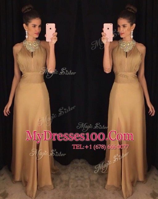 Comfortable Scoop Gold Sleeveless Floor Length Beading Zipper Prom Evening Gown
