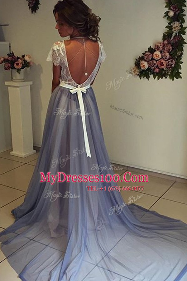Pretty Scoop Grey Cap Sleeves Lace and Bowknot Backless