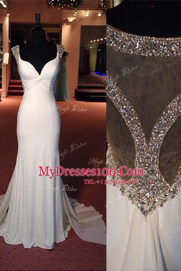 Mermaid Scoop Side Zipper Evening Dress White for Prom and Party with Beading Sweep Train
