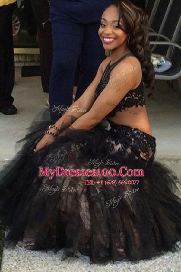 Sumptuous Mermaid Scoop Floor Length Backless Evening Dress Black for Prom with Beading and Lace