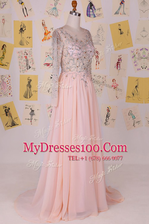 Simple Pink Column/Sheath Chiffon Scoop Long Sleeves Beading With Train Zipper Homecoming Dresses Brush Train