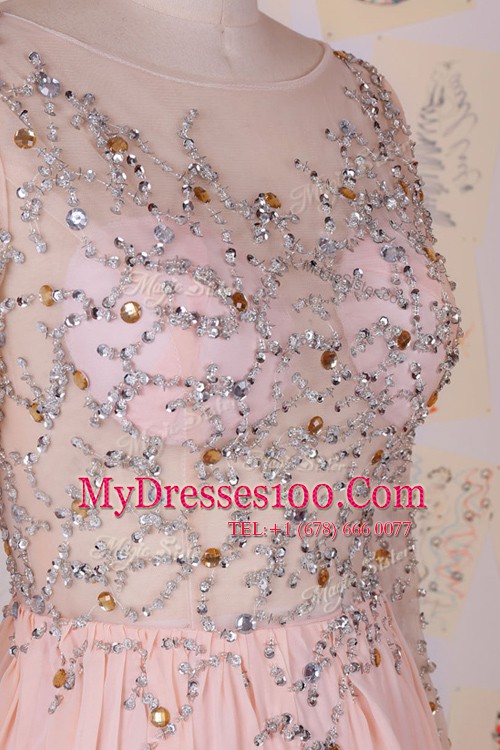 Simple Pink Column/Sheath Chiffon Scoop Long Sleeves Beading With Train Zipper Homecoming Dresses Brush Train