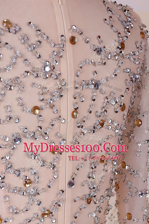 Simple Pink Column/Sheath Chiffon Scoop Long Sleeves Beading With Train Zipper Homecoming Dresses Brush Train