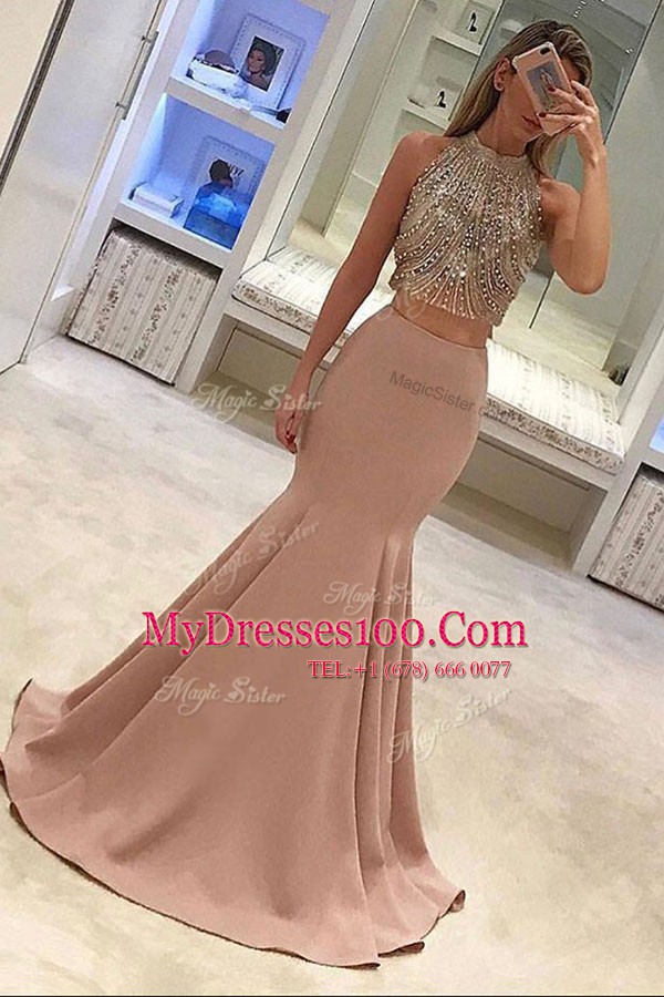 Delicate Scoop Peach Mermaid Beading Evening Gowns Zipper Elastic Woven Satin Sleeveless With Train