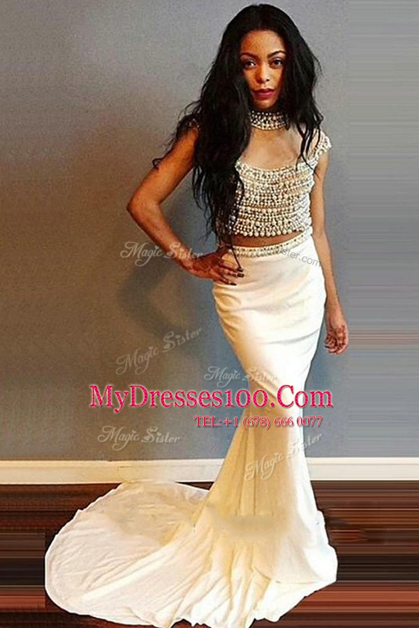 Amazing Mermaid Scoop White Homecoming Dress Elastic Woven Satin Sweep Train Cap Sleeves Beading