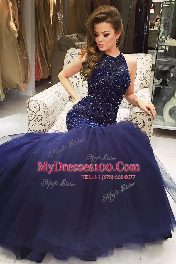 Graceful Mermaid Ball Gown Prom Dress Navy Blue Scoop Tulle Sleeveless Floor Length Backless
