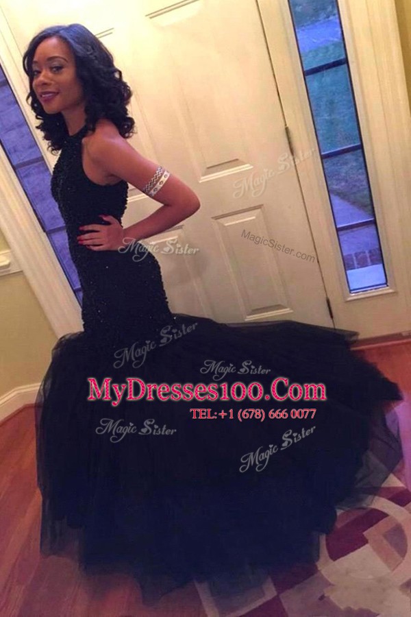 Graceful Mermaid Ball Gown Prom Dress Navy Blue Scoop Tulle Sleeveless Floor Length Backless