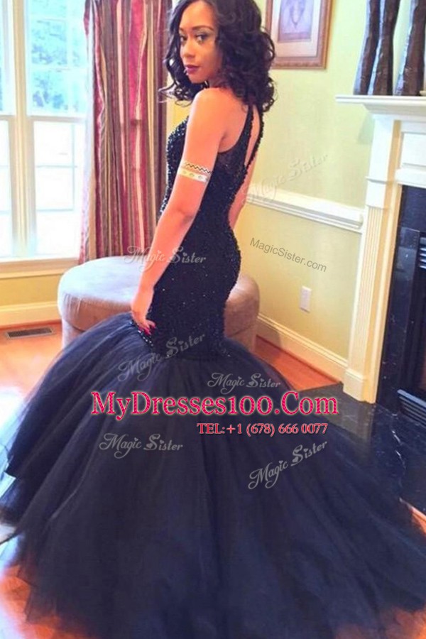 Graceful Mermaid Ball Gown Prom Dress Navy Blue Scoop Tulle Sleeveless Floor Length Backless