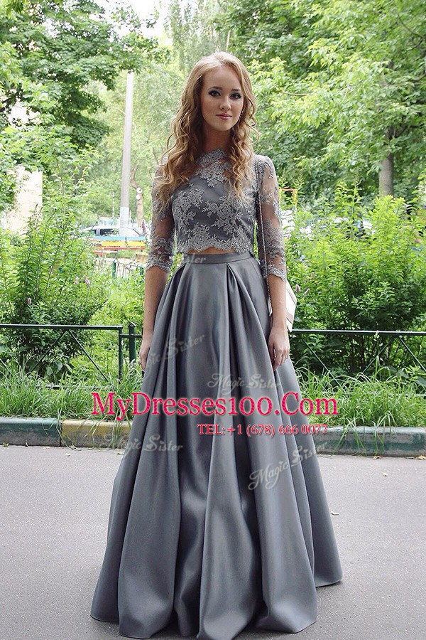 Scoop Floor Length Grey Prom Party Dress Satin 3 4 Length Sleeve Lace