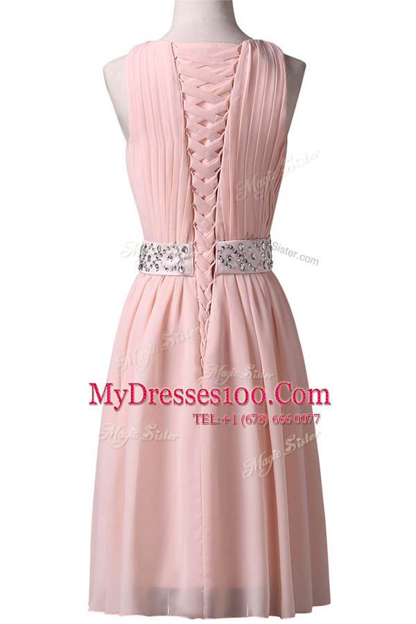 Artistic Scoop Pink Sleeveless Chiffon Lace Up Evening Dresses for Prom and Party