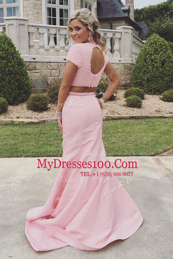 Stylish Mermaid Rose Pink Backless Scoop Ruching Evening Gowns Satin Sleeveless Sweep Train