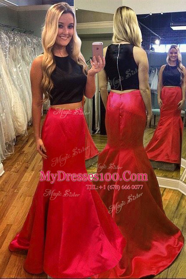 Mermaid Scoop Ruching Homecoming Dress Red And Black Zipper Sleeveless Floor Length